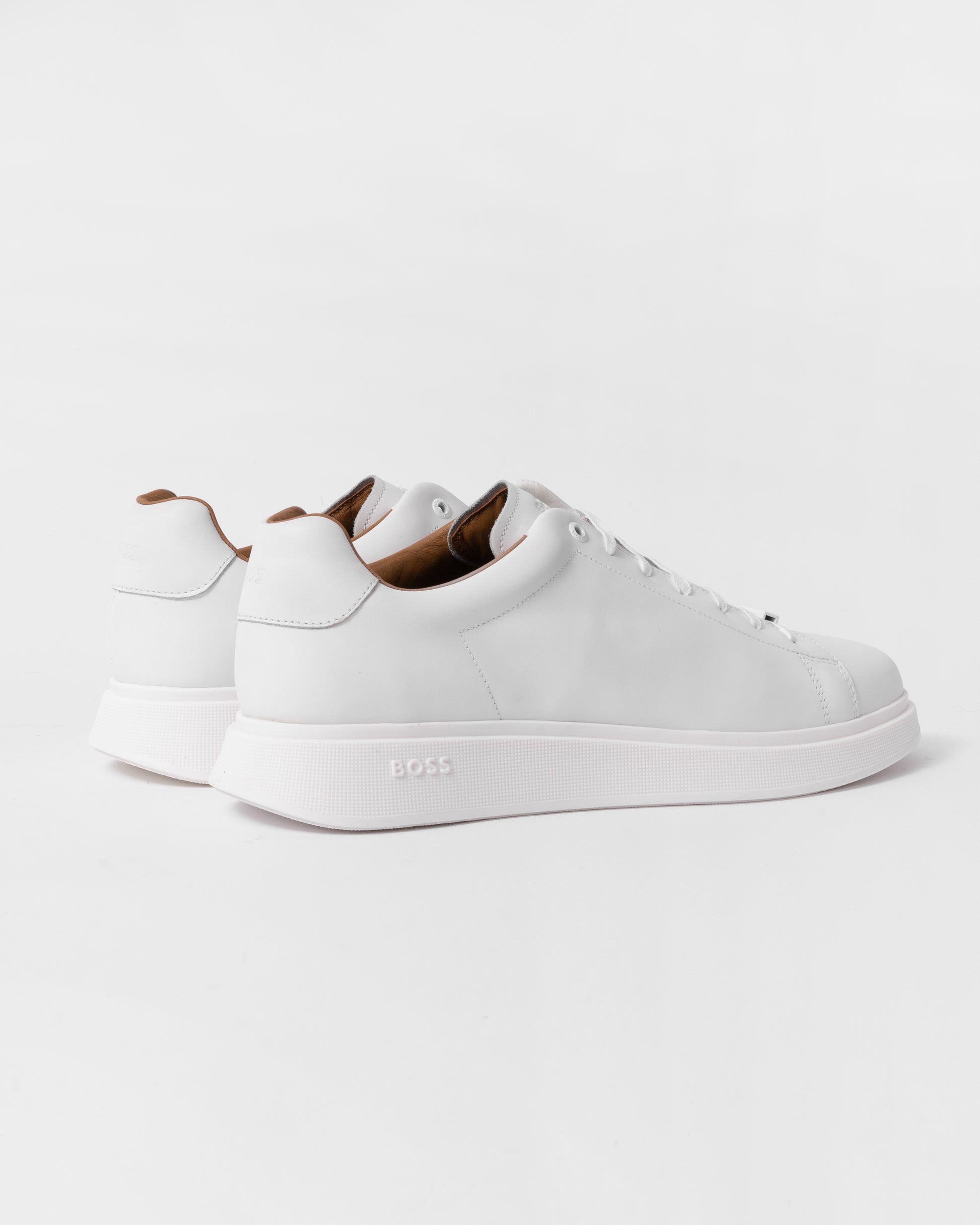 back of BOSS Orange Bulton Runn Mens Polished Leather Trainers With Rubber Outsole NOS in White 100
