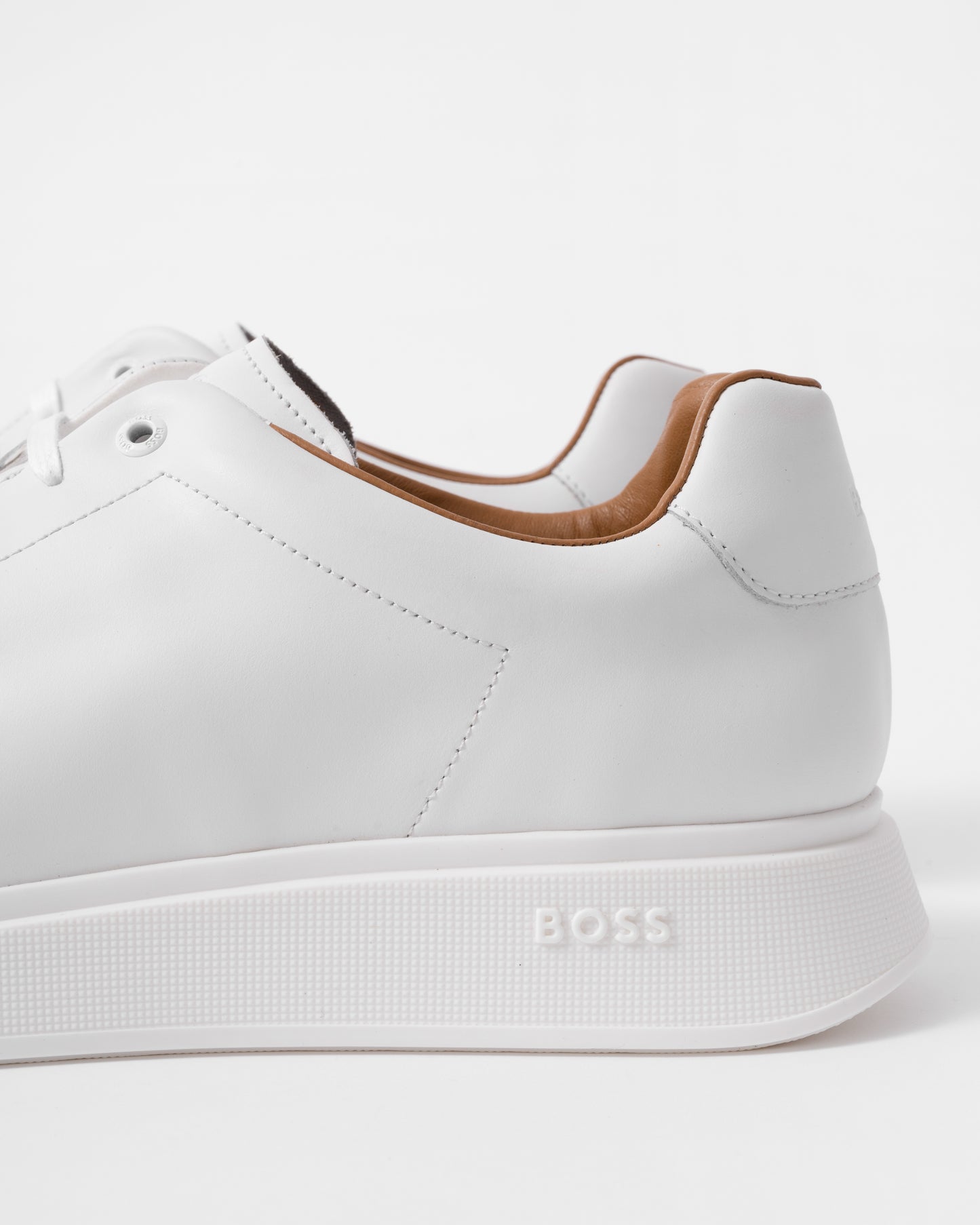 detail of BOSS Orange Bulton Runn Mens Polished Leather Trainers With Rubber Outsole NOS in White 100