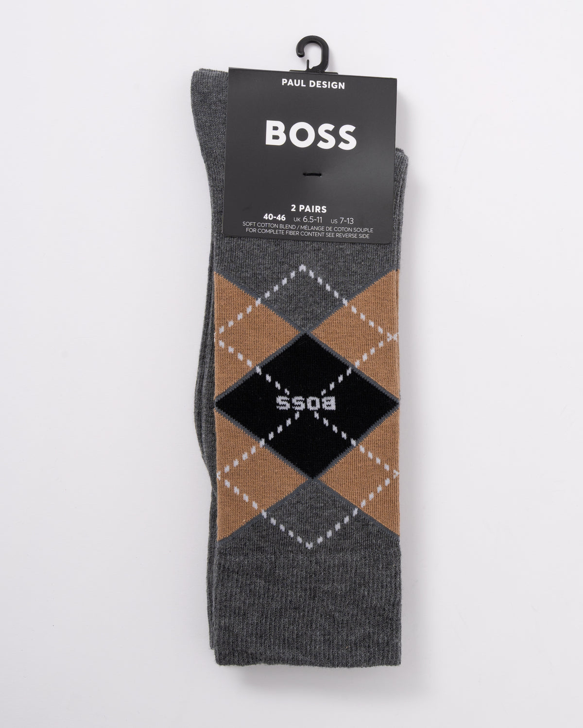 packaging for BOSS Orange 2 Pack Mens Combed Cotton Argyle Socks in Medium Grey 032