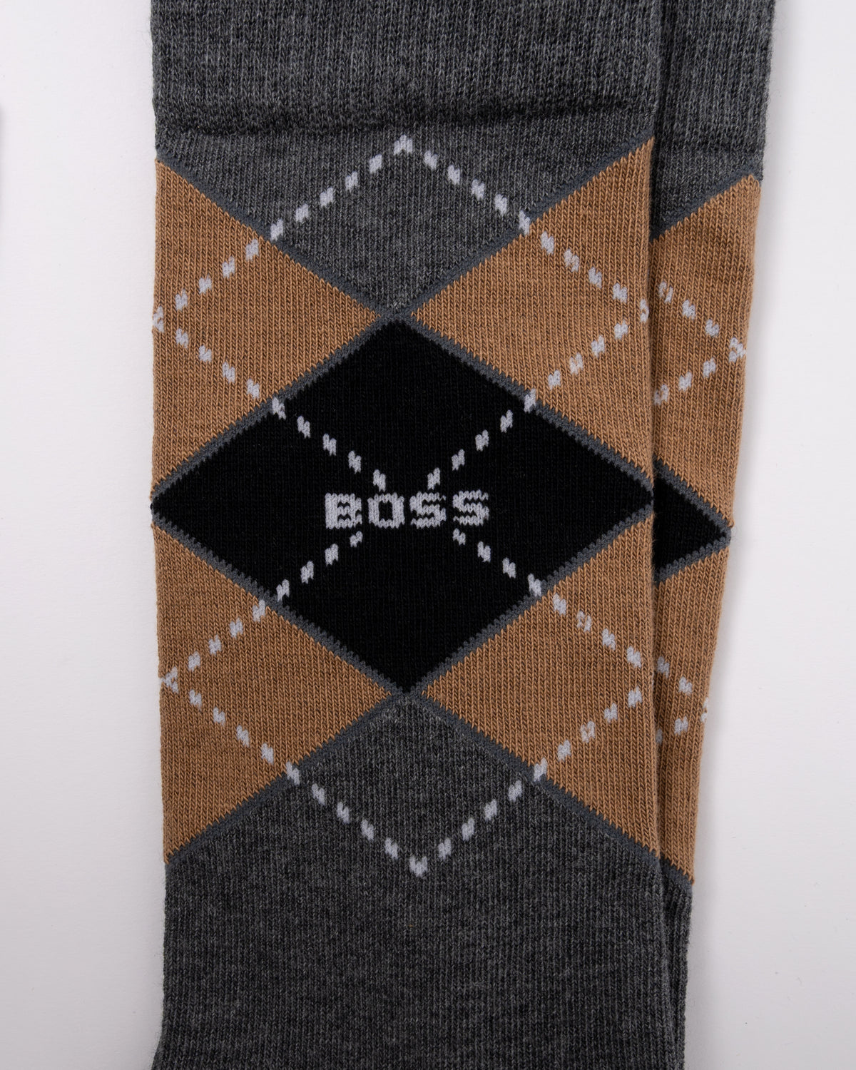 close up of BOSS Orange 2 Pack Mens Combed Cotton Argyle Socks in Medium Grey 032