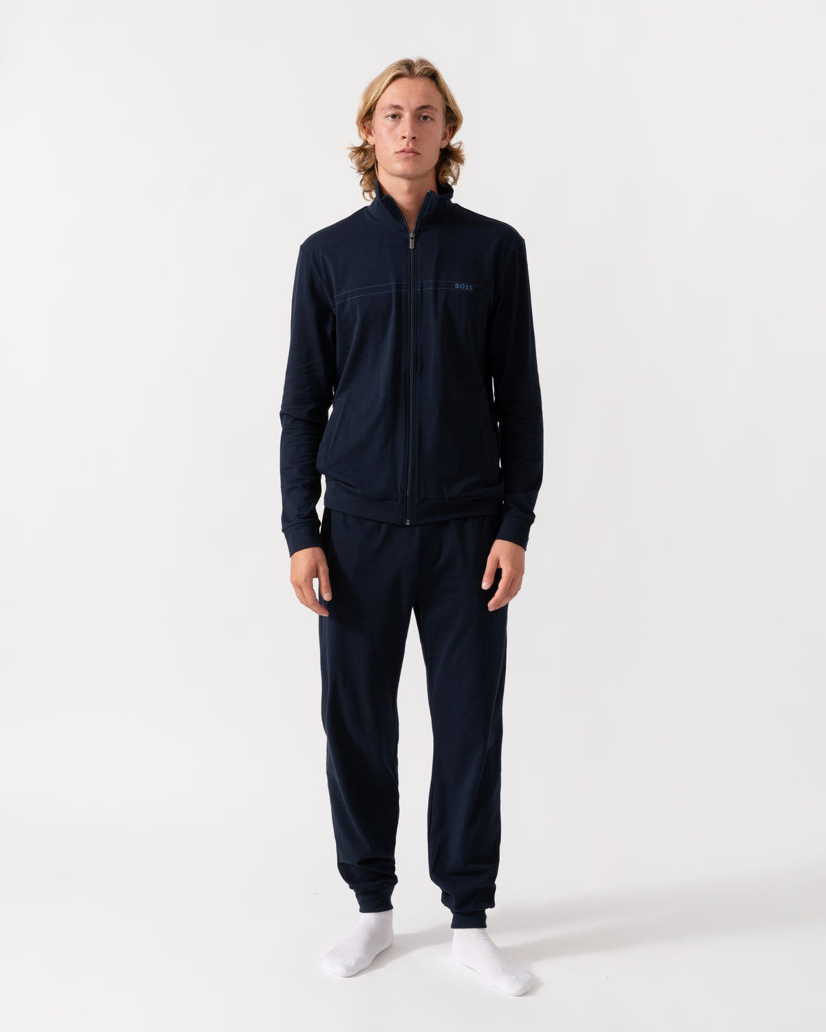 Outfit shot of the BOSS Orange 365 Mens Stretch-cotton loungewear set with logo print - Turquoise/Aqua 445