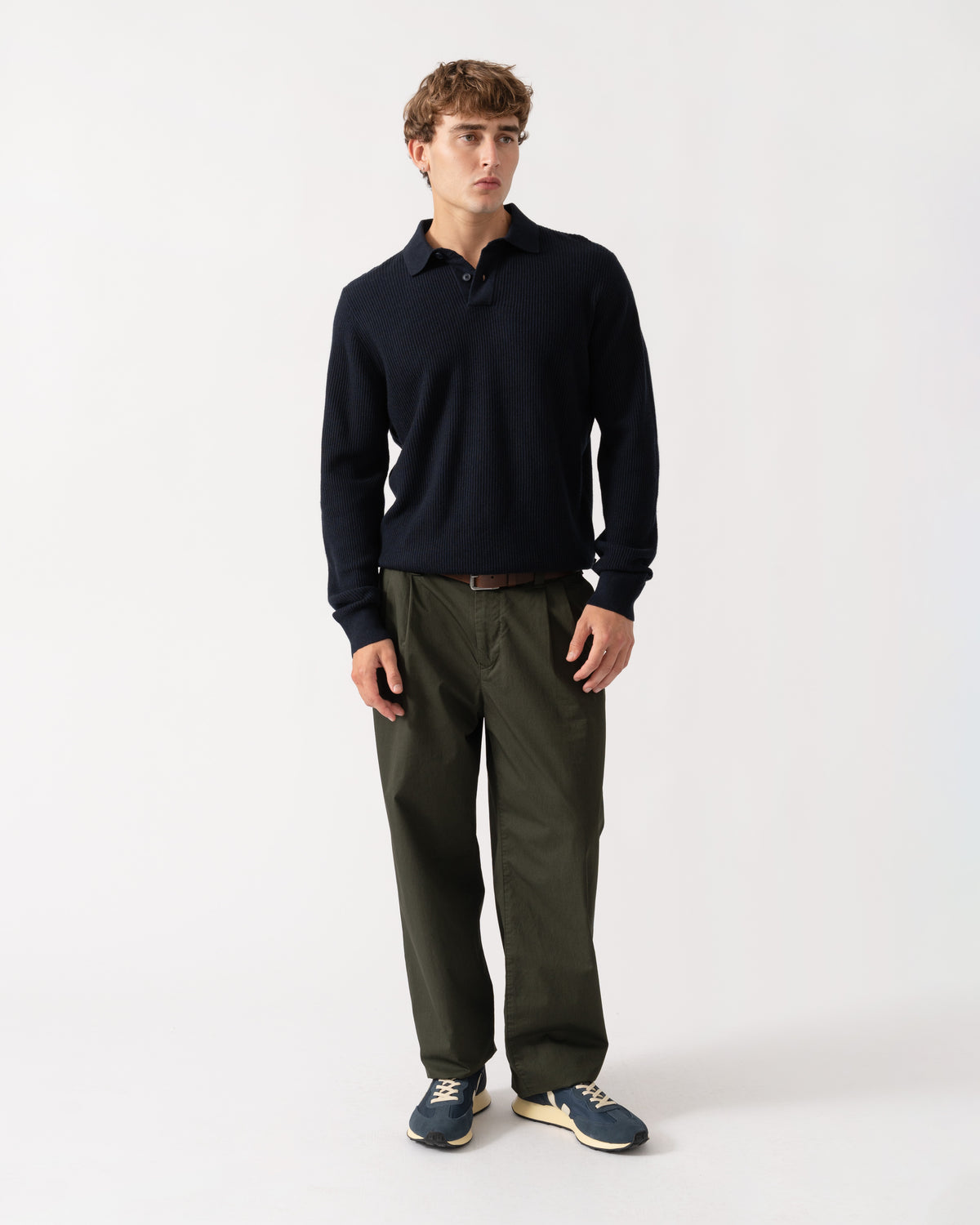 Outfit shot of BOSS Orange Afedro Mens Long Sleeve Knit Polo Shirt - Dark Blue 404