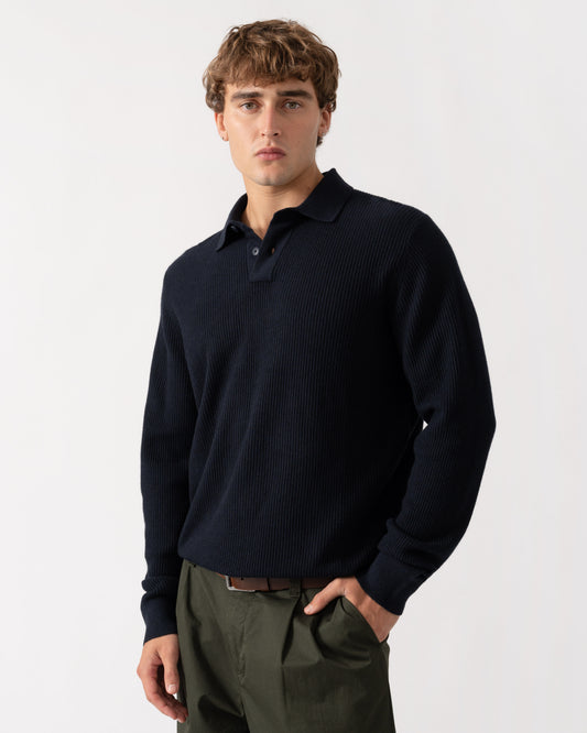 Man wearing BOSS Orange Afedro Mens Long Sleeve Knit Polo Shirt - Dark Blue 404