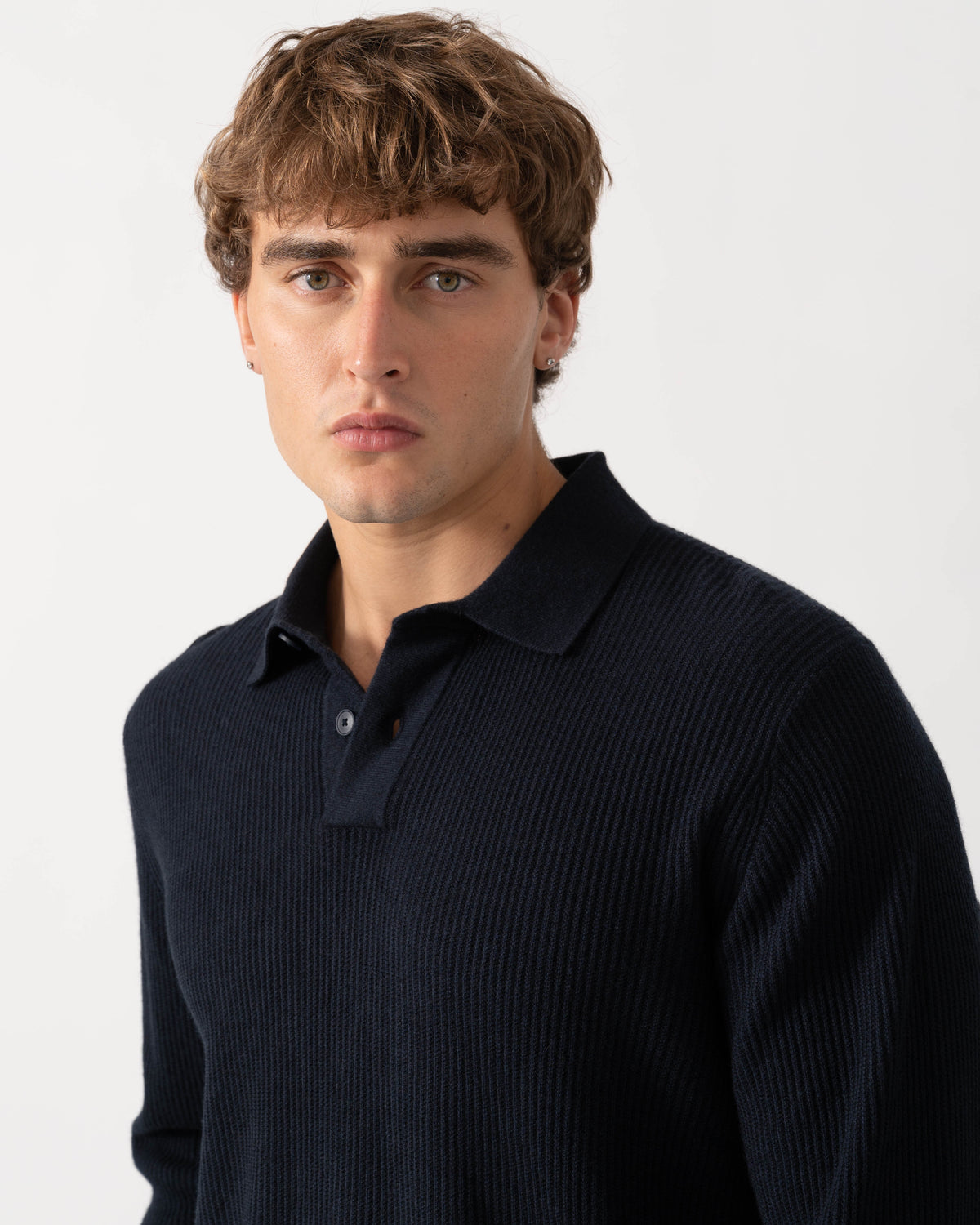Collar detail of BOSS Orange Afedro Mens Long Sleeve Knit Polo Shirt - Dark Blue 404