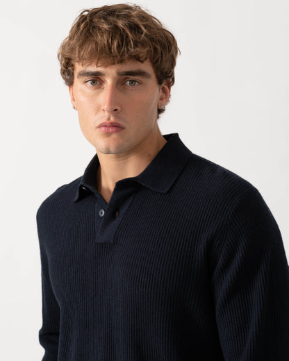 Collar detail of BOSS Orange Afedro Mens Long Sleeve Knit Polo Shirt - Dark Blue 404