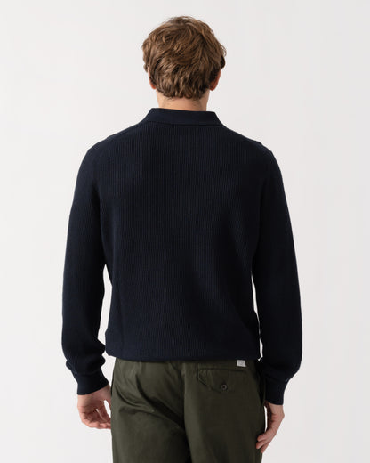 Back of BOSS Orange Afedro Mens Long Sleeve Knit Polo Shirt - Dark Blue 404