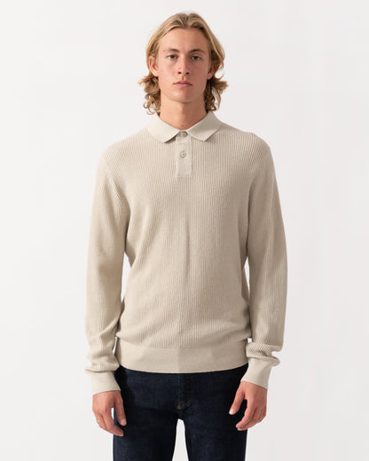 Front of the BOSS Orange Afedro Mens Long Sleeve Knit Polo Shirt - Light Beige 271