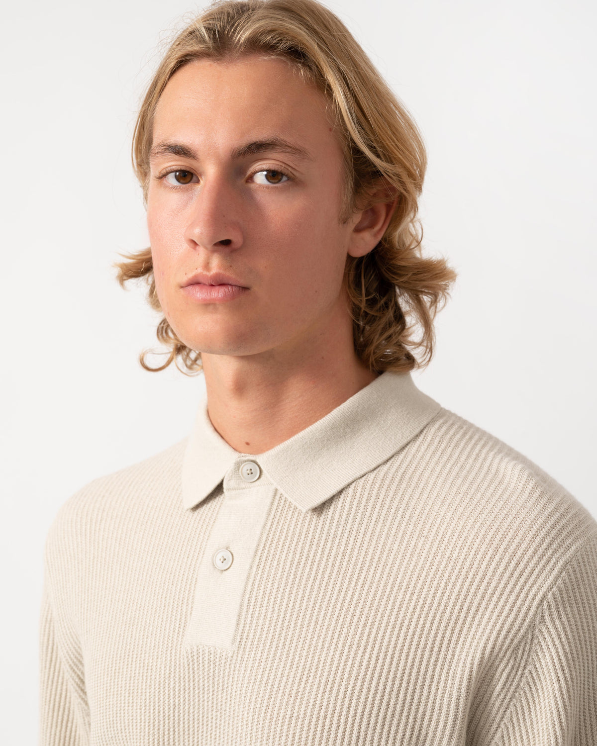 Collar detail on the BOSS Orange Afedro Mens Long Sleeve Knit Polo Shirt - Light Beige 271