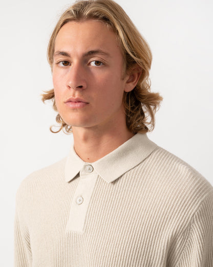 Collar detail on the BOSS Orange Afedro Mens Long Sleeve Knit Polo Shirt - Light Beige 271