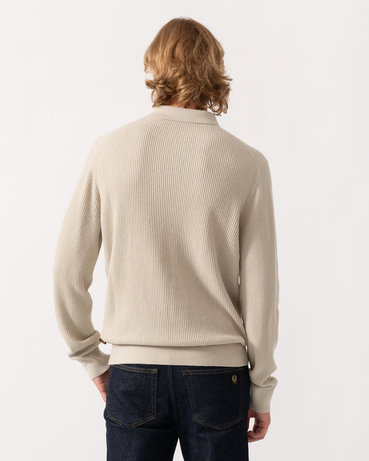 Back of the BOSS Orange Afedro Mens Long Sleeve Knit Polo Shirt - Light Beige 271