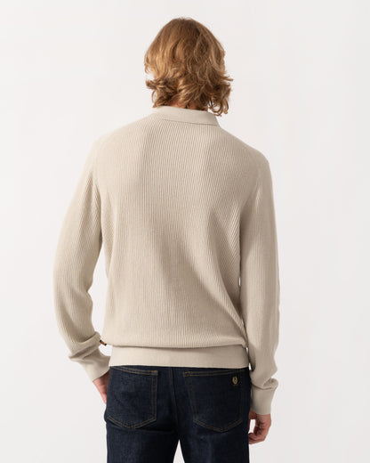 Back of the BOSS Orange Afedro Mens Long Sleeve Knit Polo Shirt - Light Beige 271