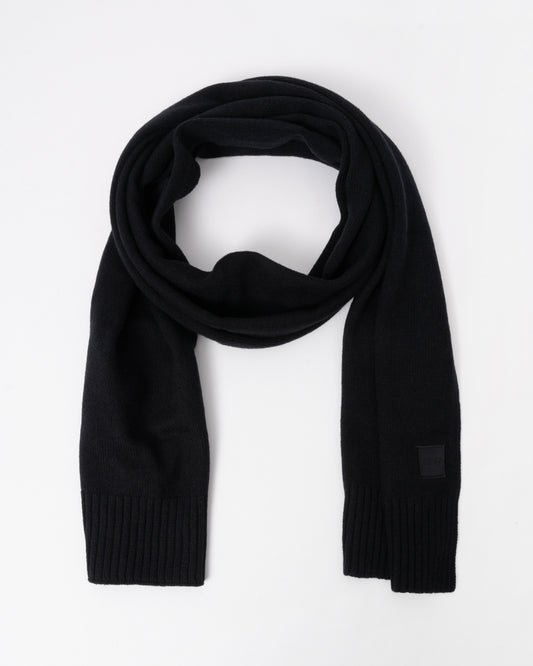 Flat lay of BOSS Orange Akaio R Mens plain-knit scarf with woven logo badge - Black 001