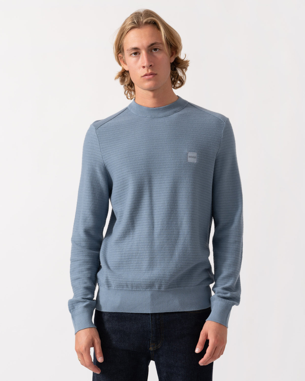 Front of the BOSS Orange Anion S Mens Crew Neck Jumper - Medium Blue 424