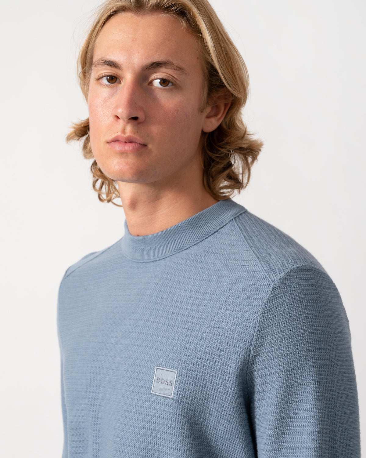 Close up of the BOSS Orange Anion S Mens Crew Neck Jumper - Medium Blue 424