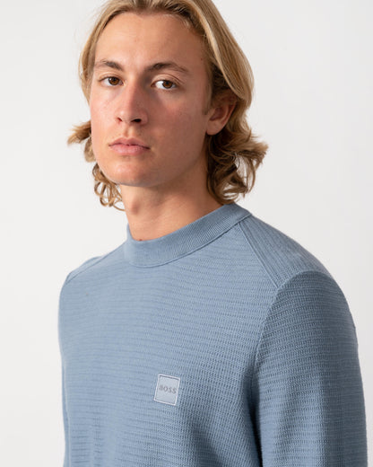 Close up of the BOSS Orange Anion S Mens Crew Neck Jumper - Medium Blue 424