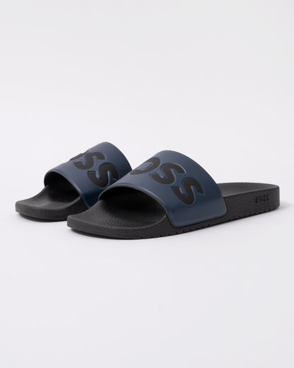 BOSS Orange Aryeh Mens Italian-Made Slides With Large Logo Detail in Dark Blue 406