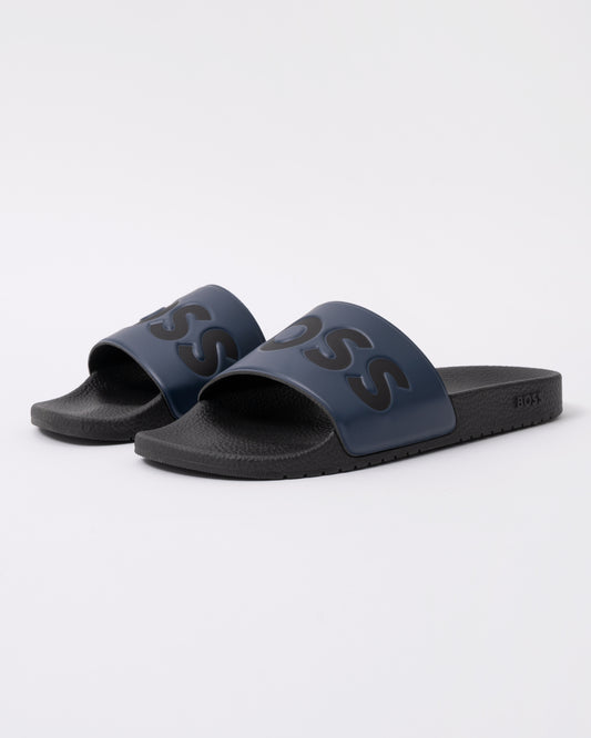 BOSS Orange Aryeh Mens Italian-Made Slides With Large Logo Detail in Dark Blue 406