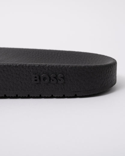 detail of BOSS Orange Aryeh Mens Italian-Made Slides With Large Logo Detail in Dark Blue 406