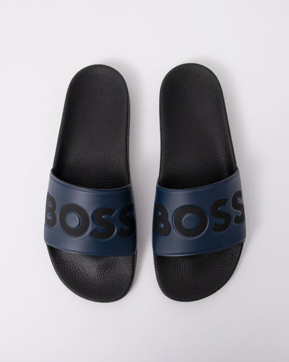 top view of BOSS Orange Aryeh Mens Italian-Made Slides With Large Logo Detail in Dark Blue 406