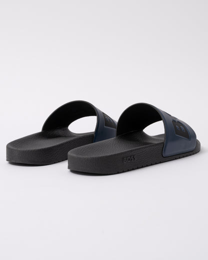 back view of BOSS Orange Aryeh Mens Italian-Made Slides With Large Logo Detail in Dark Blue 406