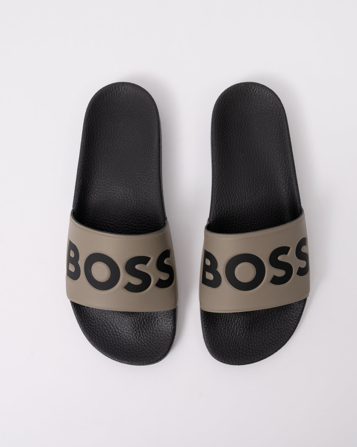 top view of BOSS Orange Aryeh Mens Italian-Made Slides With Large Logo Detail in Open Brown 248