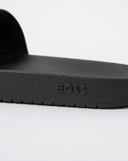 detail of BOSS Orange Aryeh Mens Italian-Made Slides With Large Logo Detail in Open Brown 248