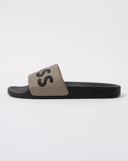 side view of BOSS Orange Aryeh Mens Italian-Made Slides With Large Logo Detail in Open Brown 248
