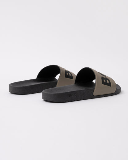 back view of BOSS Orange Aryeh Mens Italian-Made Slides With Large Logo Detail in Open Brown 248