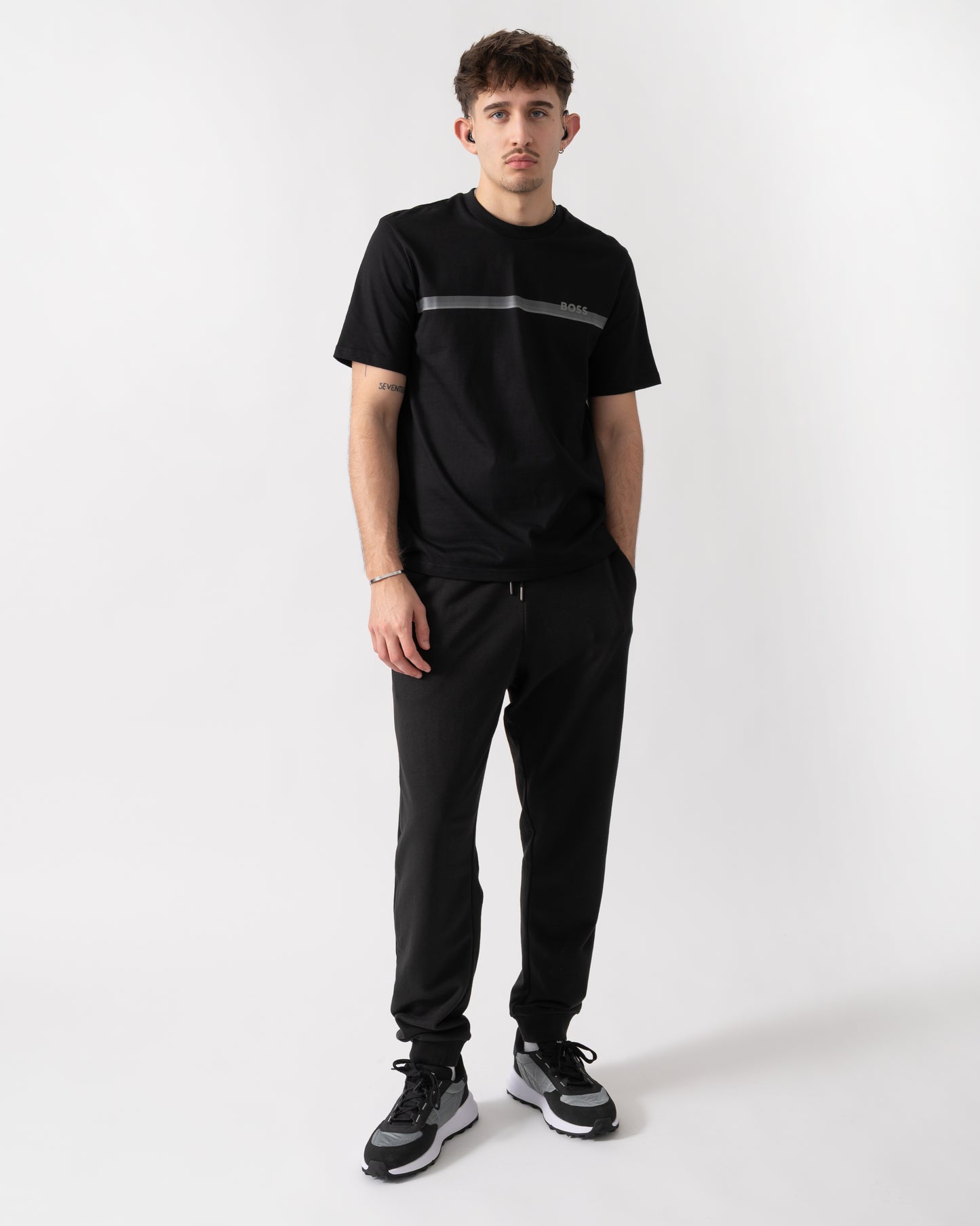 full length shot of a model wearing a BOSS Orange Authentic Mens Loungewear T-Shirt in Black 004