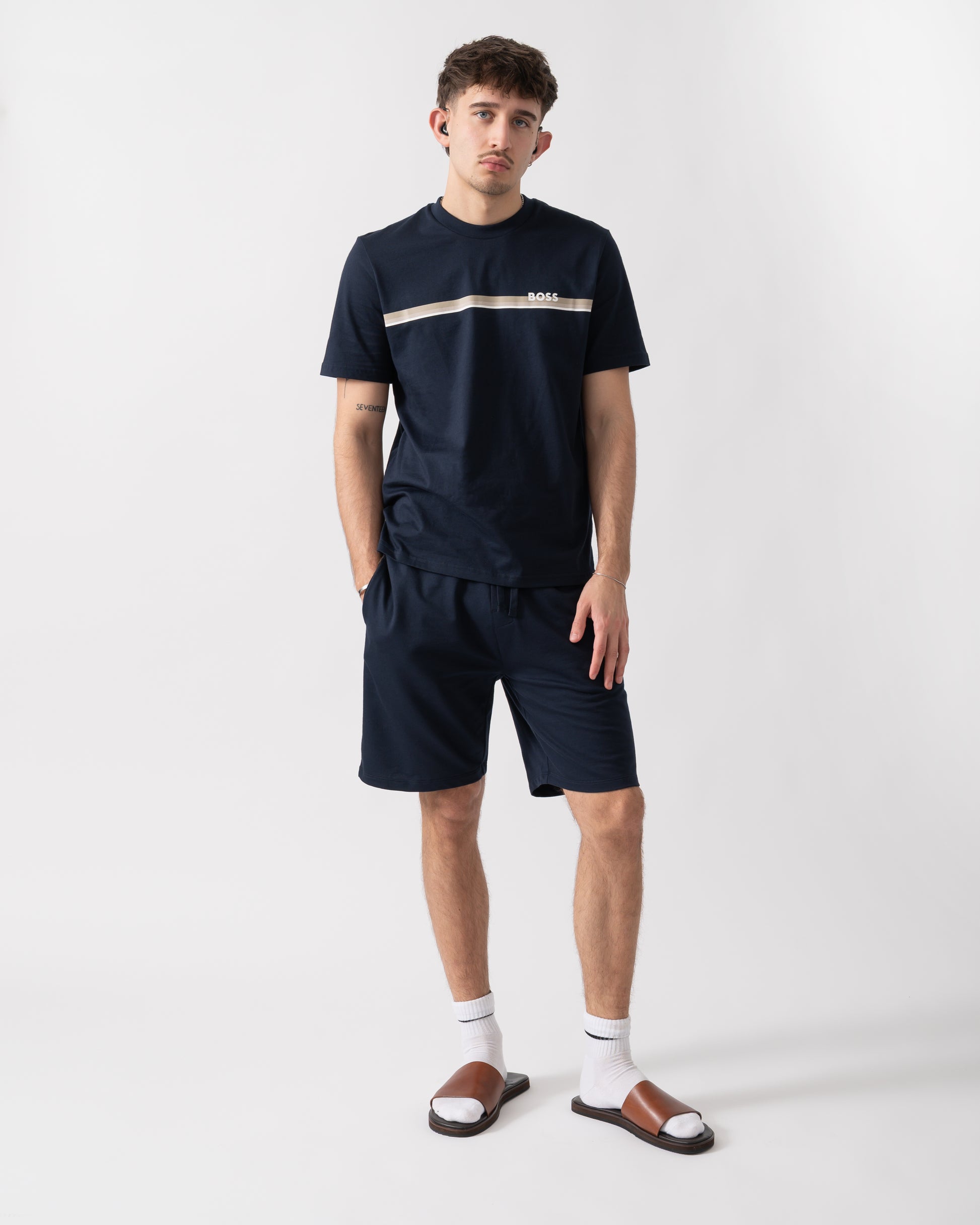 full length shot of a model wearing a BOSS Orange Authentic Mens Loungewear T-Shirt in Dark Blue 405