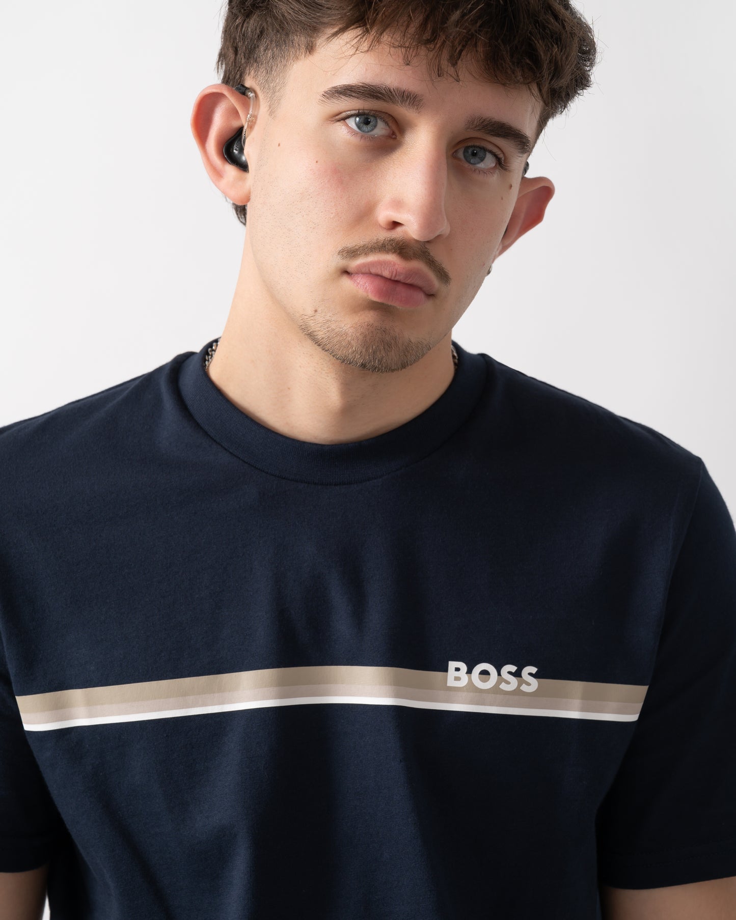 close up shot of a model wearing a BOSS Orange Authentic Mens Loungewear T-Shirt in Dark Blue 405