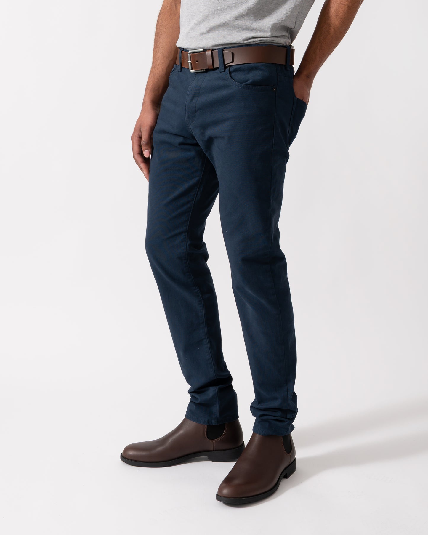 Detail shot of a Model wearing a pair of BOSS Orange Delaware Mens Jeans in Open Blue