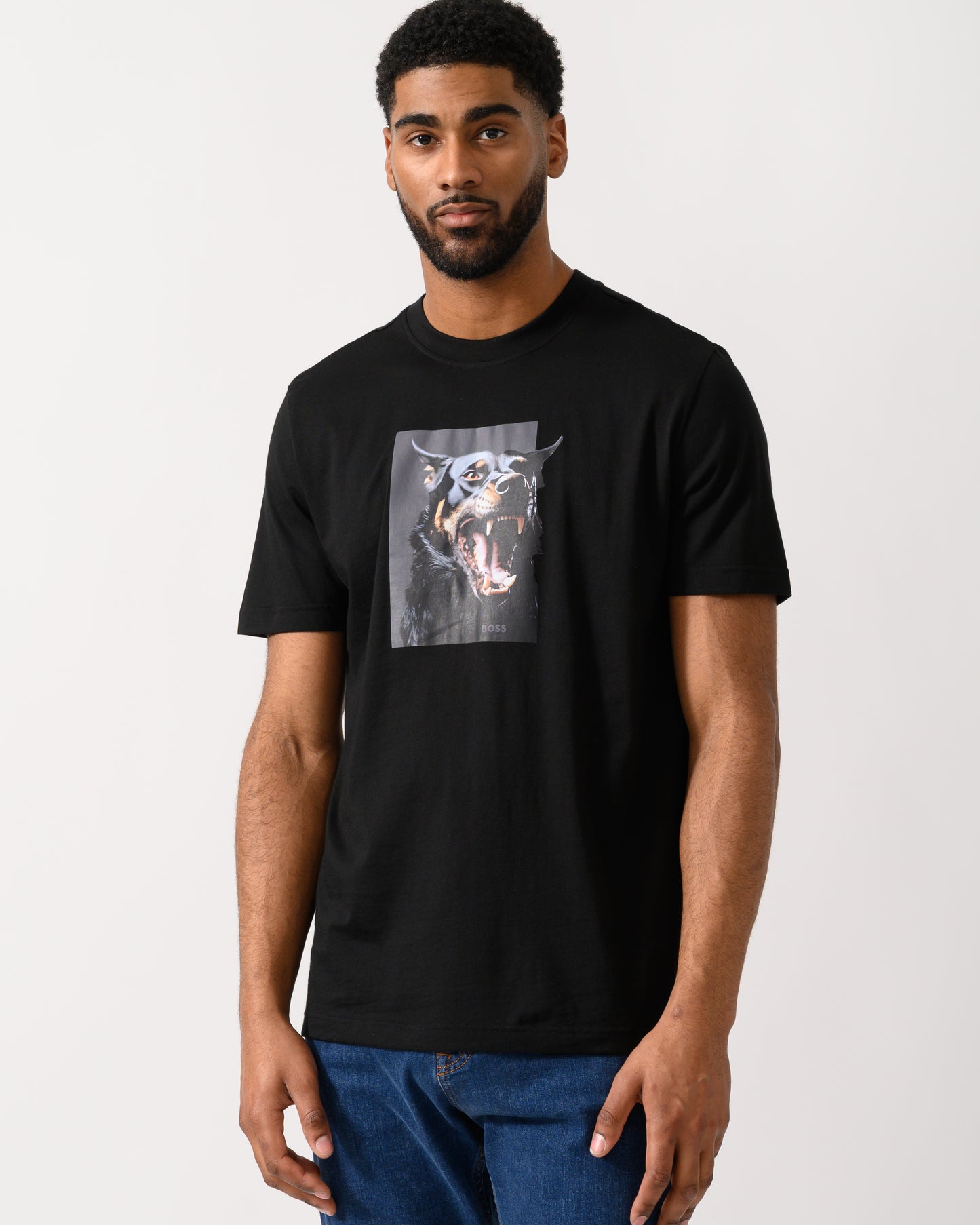 Model wearing a BOSS Orange Dobermann Mens Bear Graphic T-Shirt in black