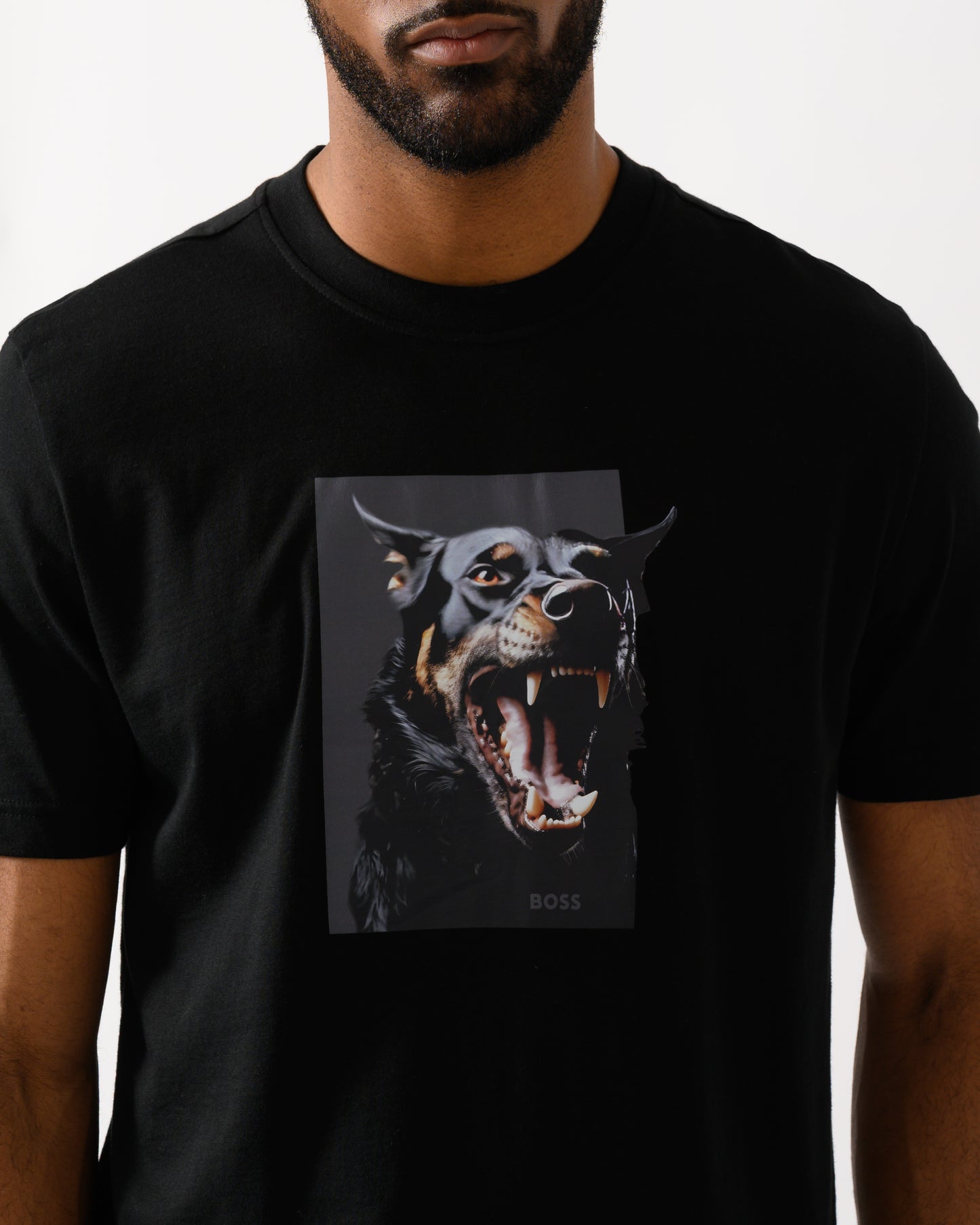 detail shot of a Model wearing a BOSS Orange Dobermann Mens Bear Graphic T-Shirt in black