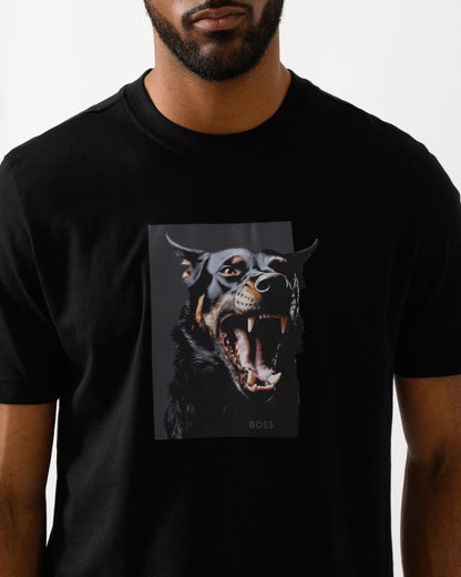 detail shot of a Model wearing a BOSS Orange Dobermann Mens Bear Graphic T-Shirt in black