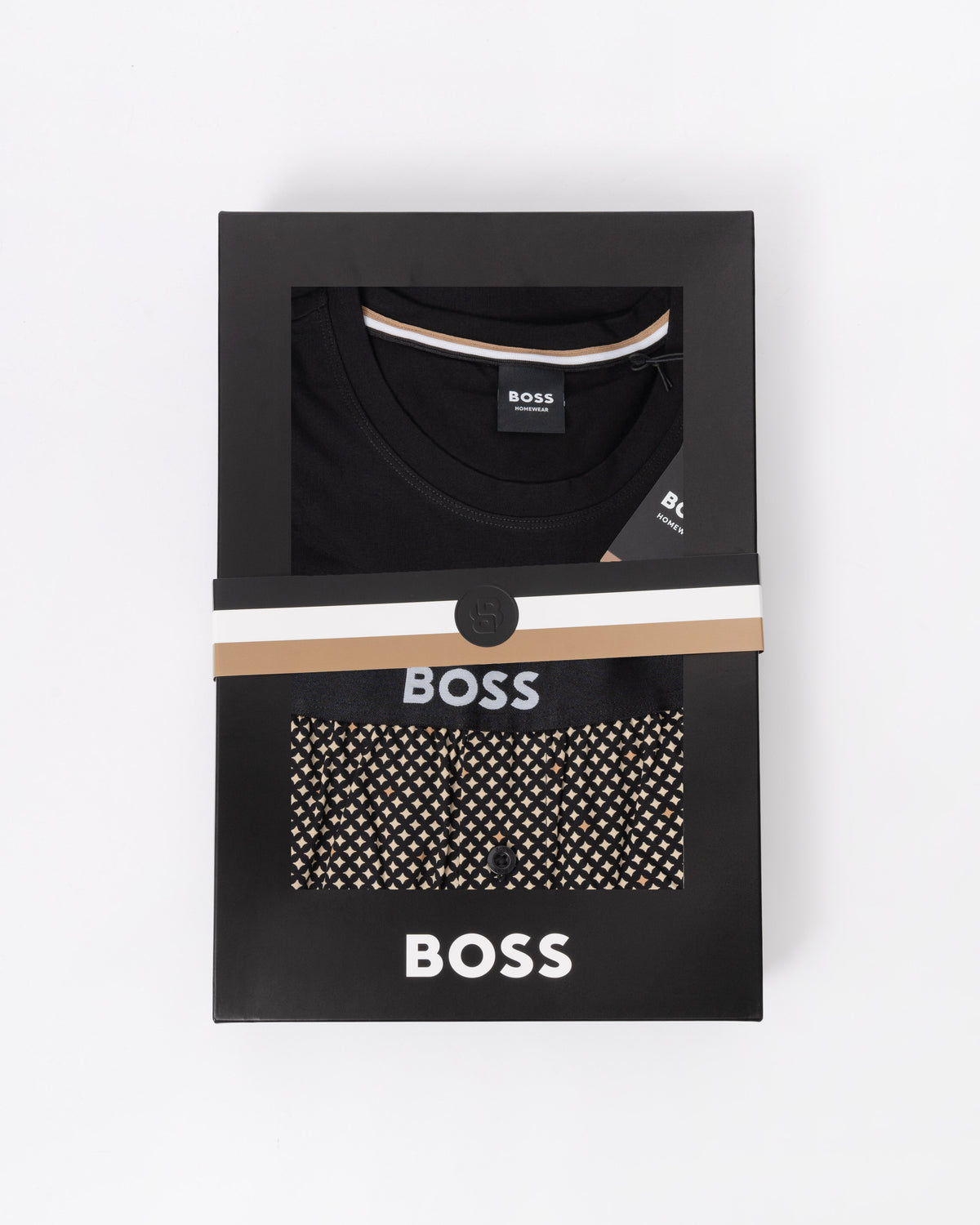 BOSS Orange's Easy Mens Pyjama Set in Medium Beige 262 in a gift box on a light grey background