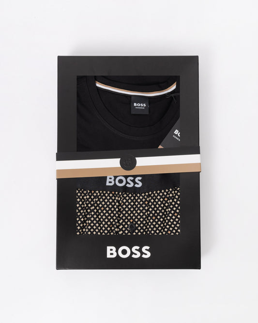 BOSS Orange's Easy Mens Pyjama Set in Medium Beige 262 in a gift box on a light grey background