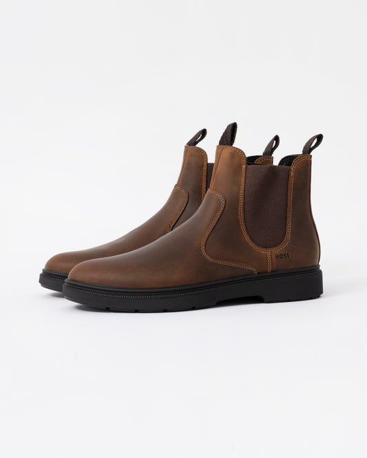 Front of the BOSS Orange Ferling Mens Chelsea Boots in Dark Brown 205