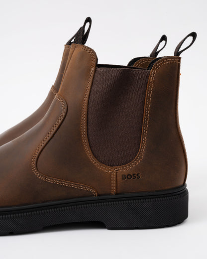 Close up on the BOSS Orange Ferling Mens Chelsea Boots in Dark Brown 205