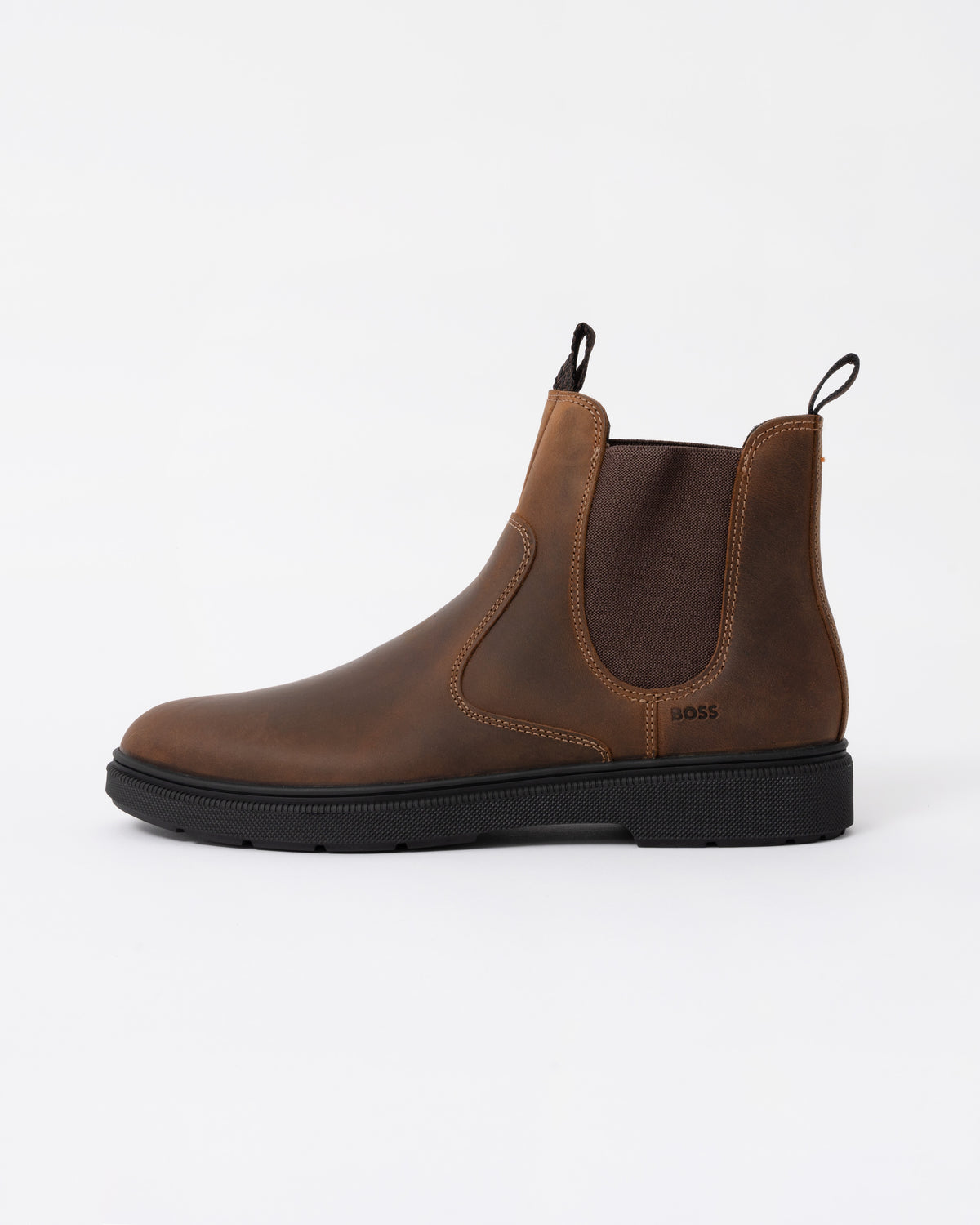 Outside view of the BOSS Orange Ferling Mens Chelsea Boots in Dark Brown 205