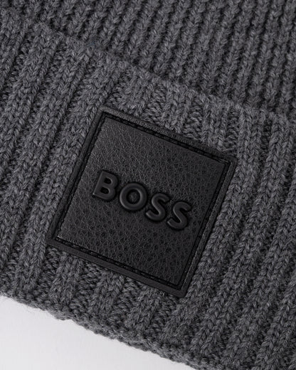 logo detail of a BOSS Orange Flavio Mens Beanie in Medium Grey 030