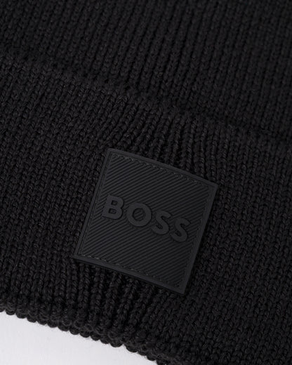 logo detail of a BOSS Orange Foxxy Mens Tonal Logo Beanie in Black 001