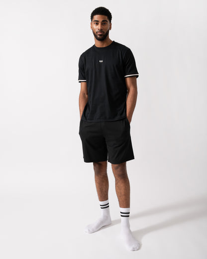 full length shot of a Model wearing HUGO Ray Mens Pyjama Shorts in Black