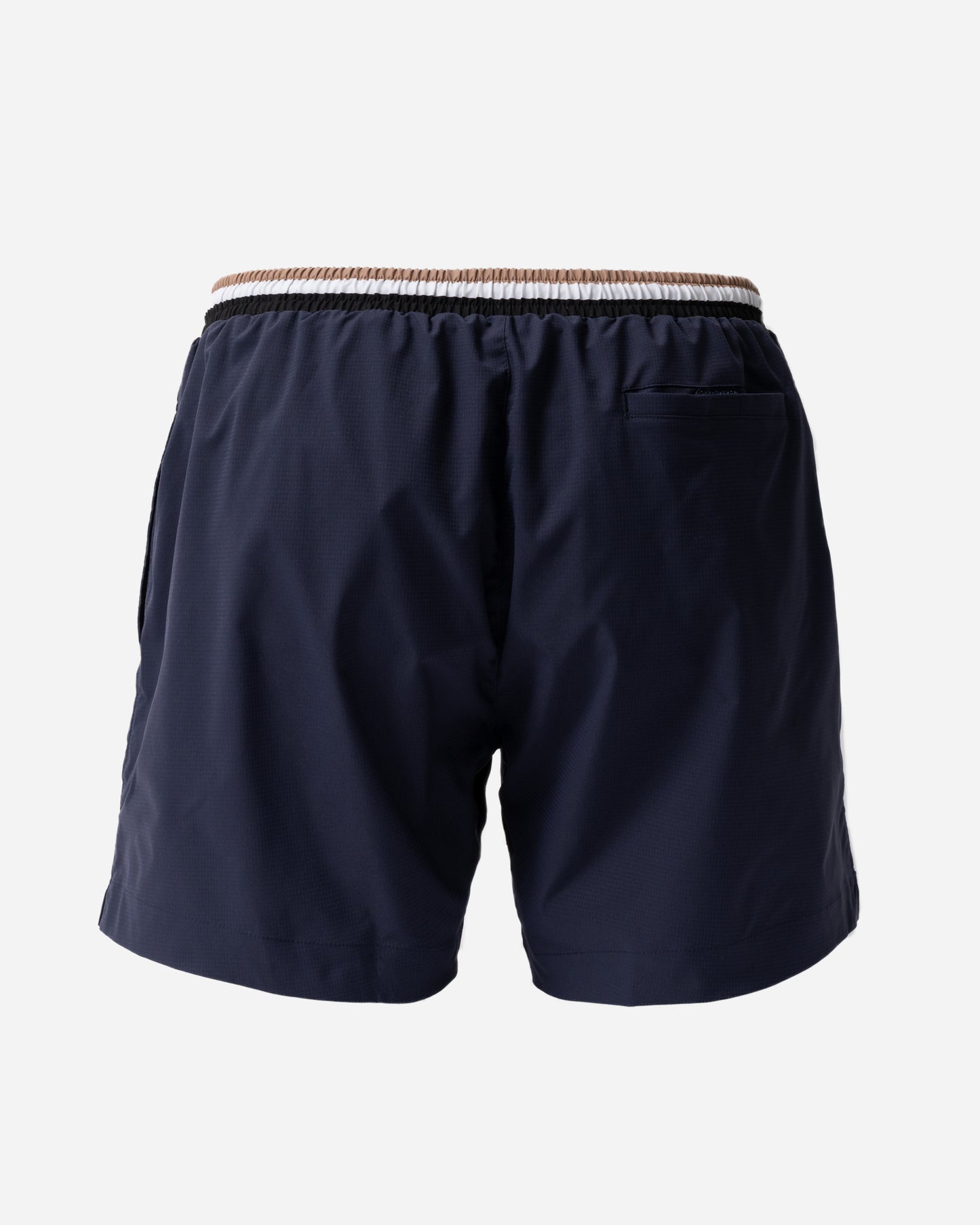 back of BOSS Orange Isle Mens Ripstop-Fabric Swim Shorts with Contrast Logo in Navy 413
