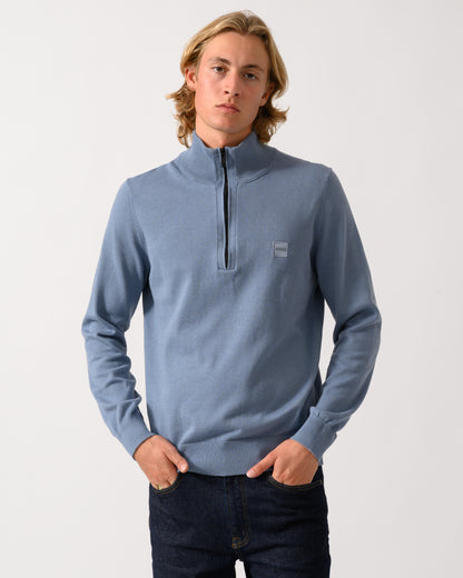 model wearing a BOSS Orange Kanobix S Mens 1/4 Zip Jumper in Medium Blue 424