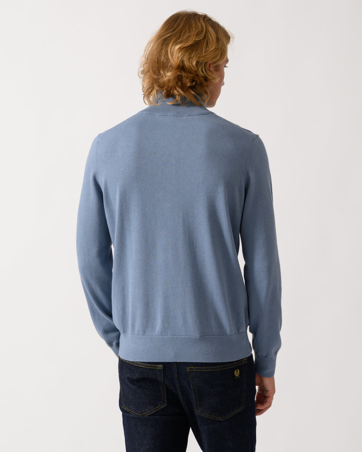 back of model wearing a BOSS Orange Kanobix S Mens 1/4 Zip Jumper in Medium Blue 424