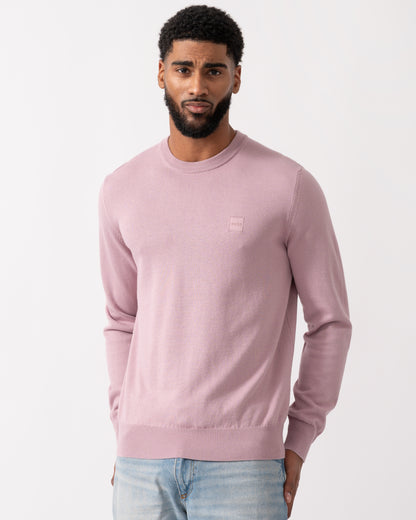 model wearing a BOSS Orange Kanovano Mens Crew Neck Jumper in Light Pastel Purple