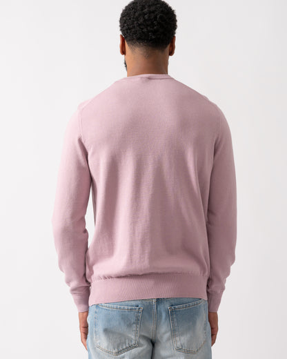 back of a model wearing a BOSS Orange Kanovano Mens Crew Neck Jumper in Light Pastel Purple