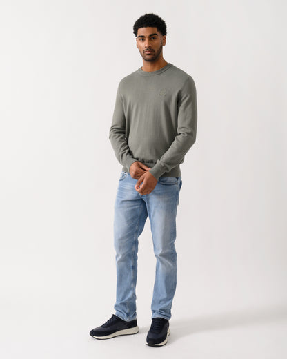 full length shot of a model wearing a BOSS Orange Kanovano Mens Crew Neck Jumper in Open Grey 076