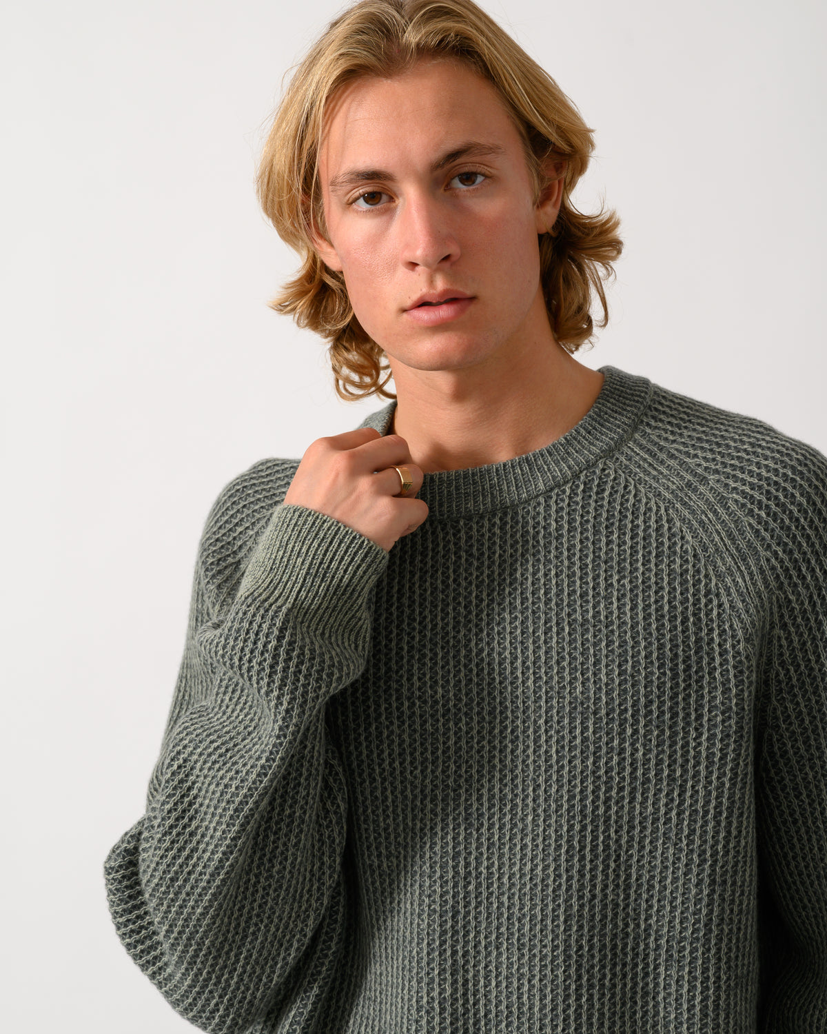 close up of a model wearing a BOSS Orange Kepler Mens Crew Neck Jumper in Open Green 370